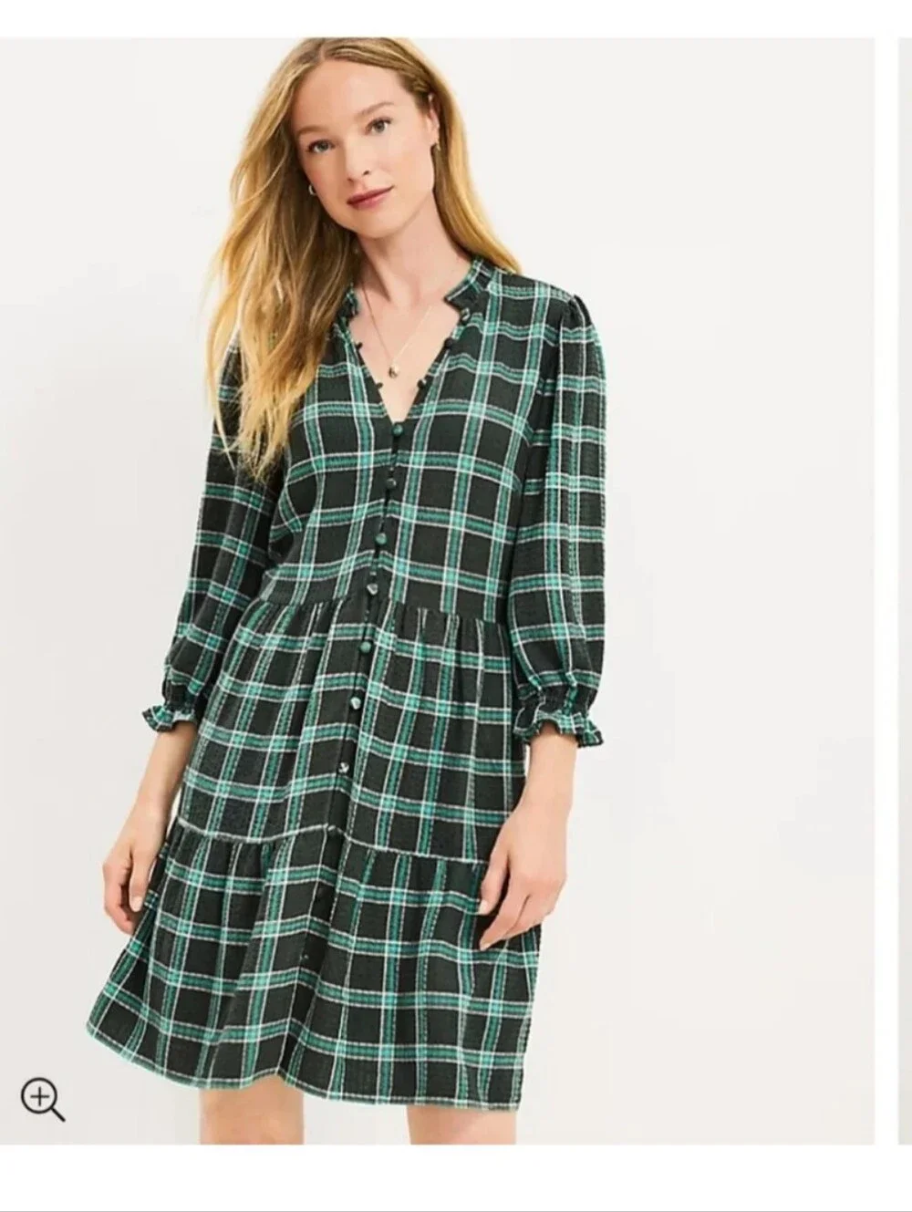 LOFT Green Plaid Tiered Ruffle Mini Dress Small Button Front Long Sleeve